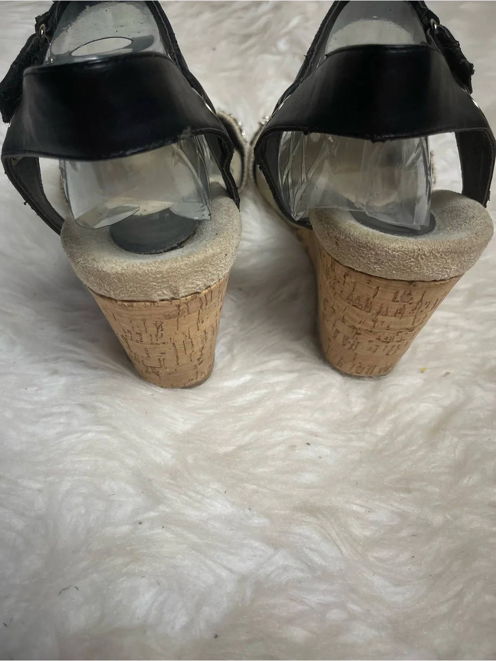 Cloud Walker By Avenue Cork Wedge Sandals Black Ankle Strap & Beaded Front SZ13W